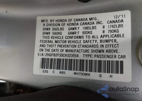 2012 Honda Civic Lx из США, поврежденный, VIN 2HGFB2F50CH323954